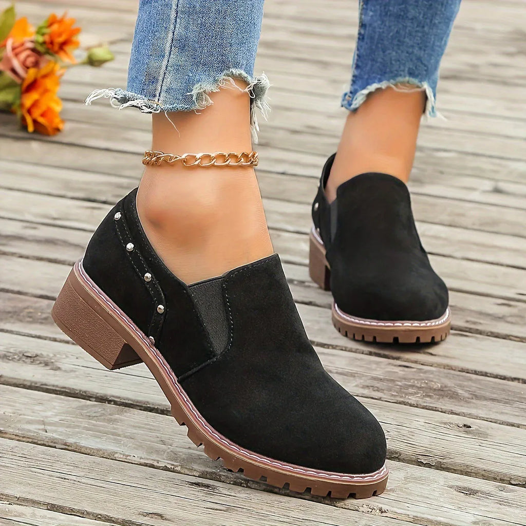 Plus size women's suede ankle boots black low heel round toe elastic band side detail
