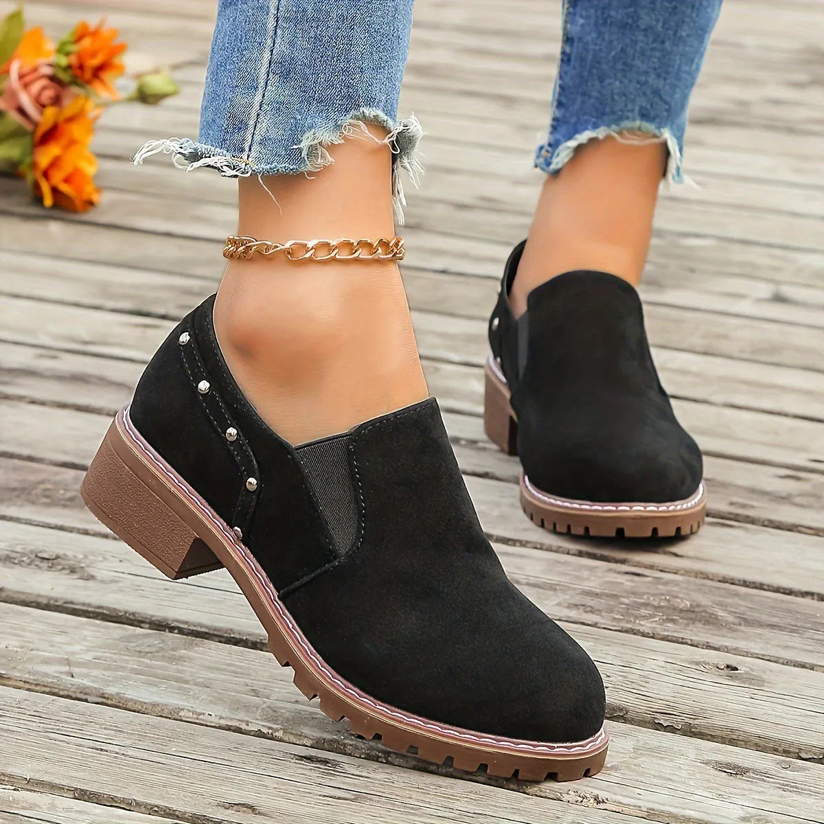 Plus size women's suede ankle boots black low heel round toe elastic band side detail