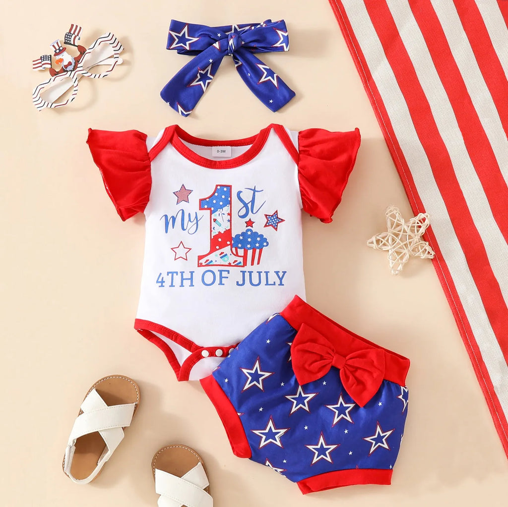 Baby sleeveless shorts suit summer three-piece set in blue with top, shorts and headscarf
