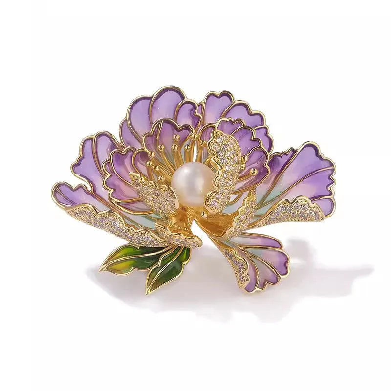 Women's Chinese-style peony brooch in alloy with dripping oil finish, blue court peony colour