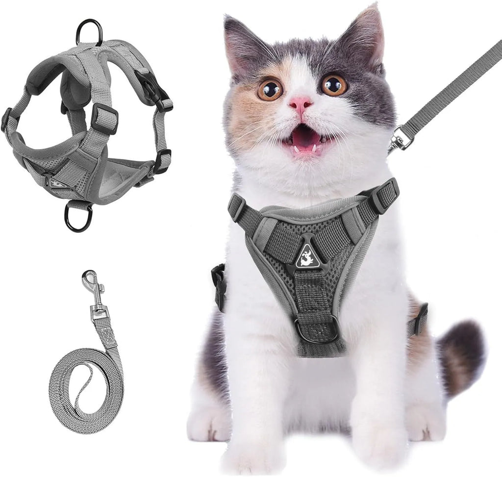Grey adjustable cat chest harness and leash made from soft mesh with reflective strips.
