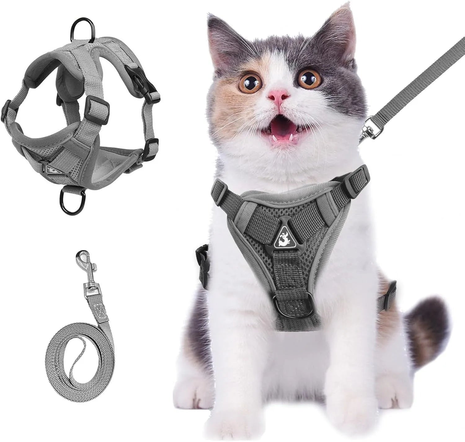 Grey adjustable cat chest harness and leash made from soft mesh with reflective strips.