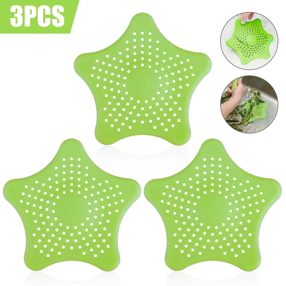 Three silicone starfish-shaped sink drain filters in white blue and green with suction cups