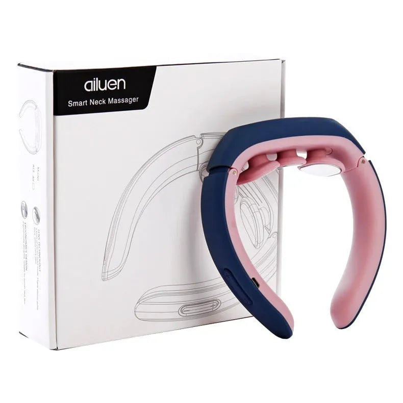 White electric pulse neck massager collar with three massage contacts and heat button