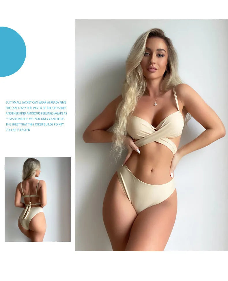 Women's split three-piece backless push up bikini set in polyester fabric