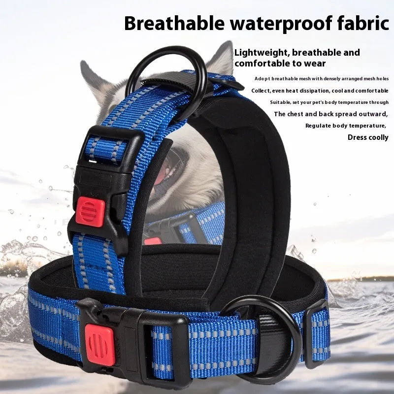 Adjustable cloth dog collar for medium and large dogs in blue, red, orange, lake blue, black, or fluorescent green.