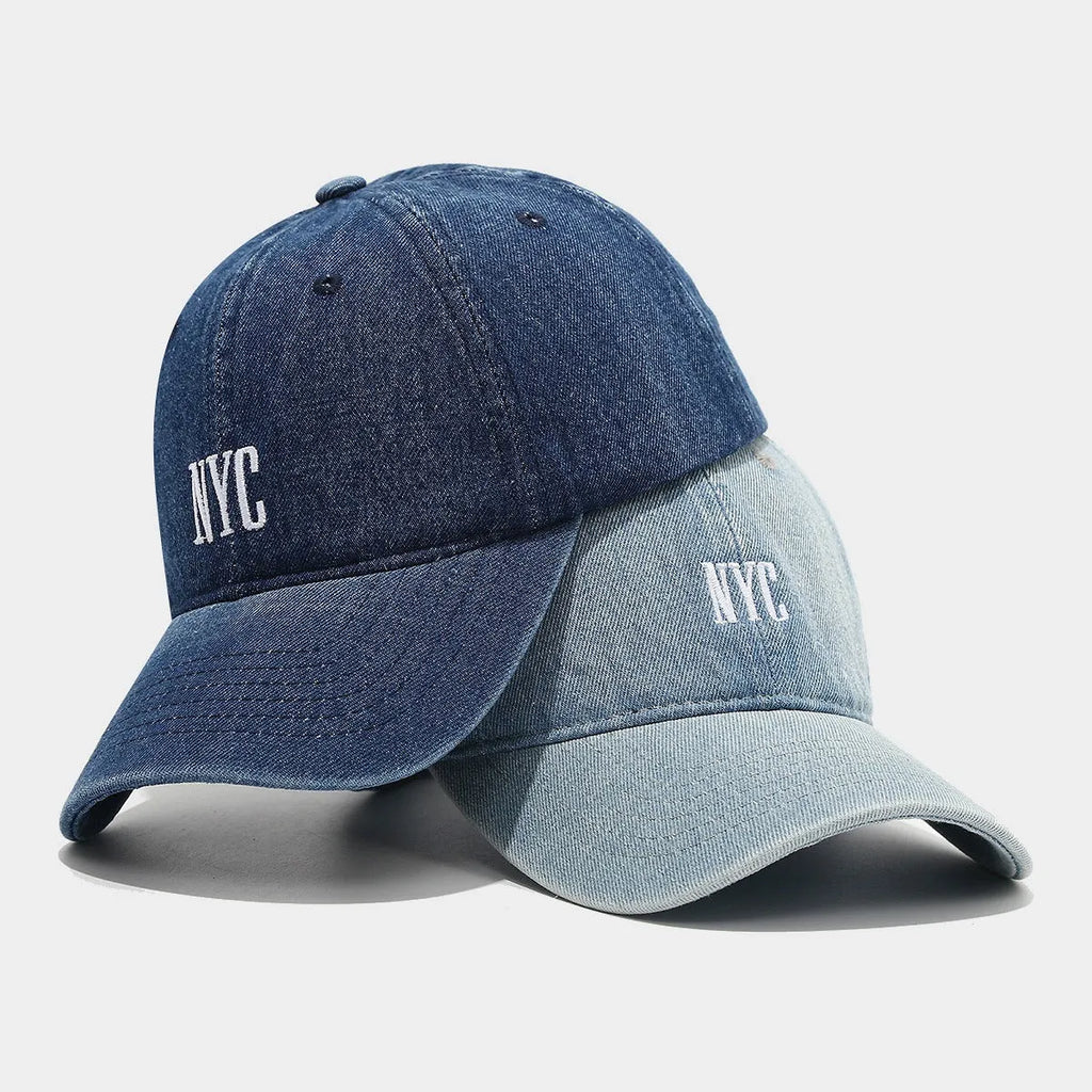 Retro denim peaked cap with embroidered letters in adjustable fit