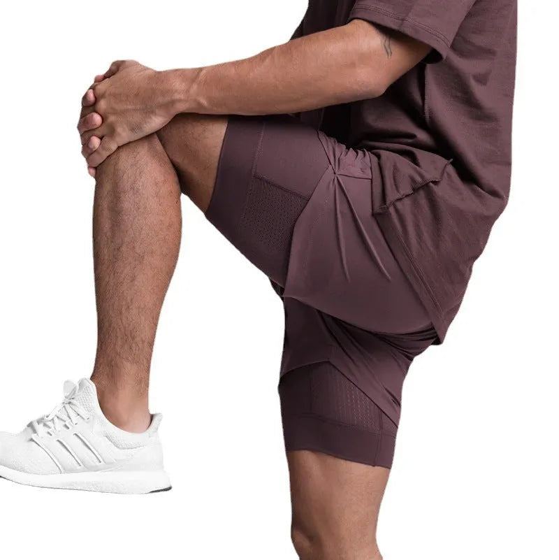 Men's double-layer quick-dry running shorts in khaki, mid-waist loose fit polyester fitness shorts with lining