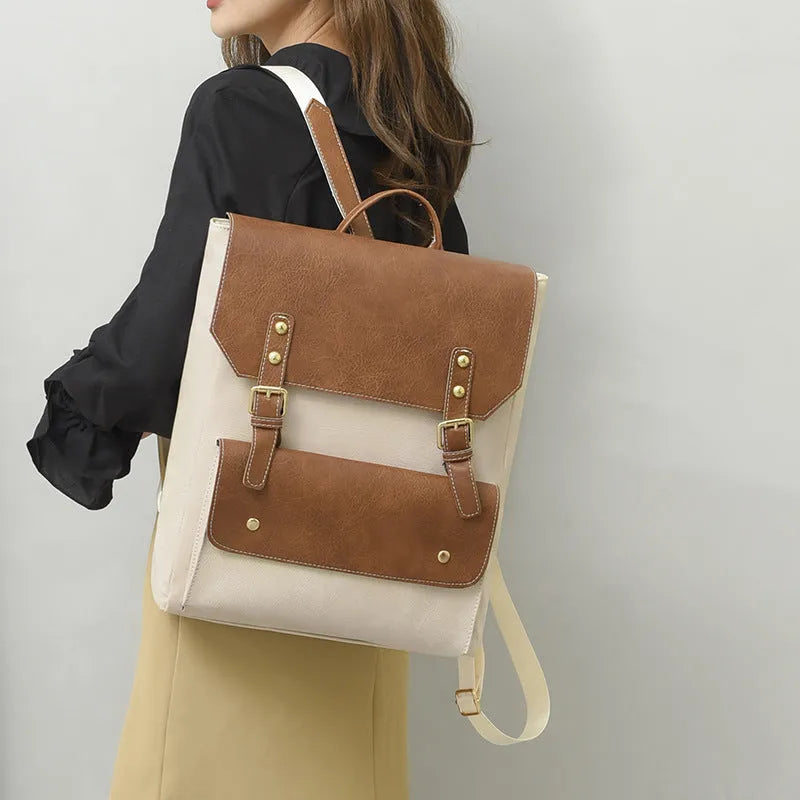 Korean style retro backpack in soft PU material showing ventilation back panel design