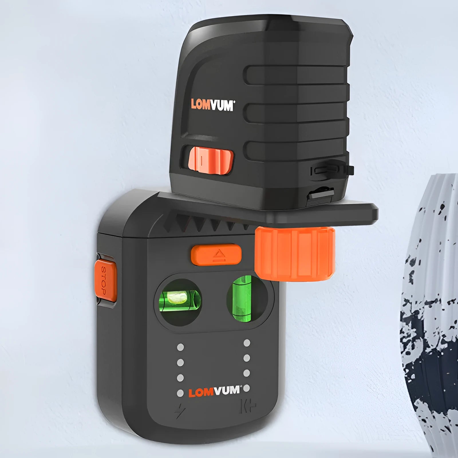 Red electric hammer drill dust collector with integrated laser level, showing compact design and suction bracket.