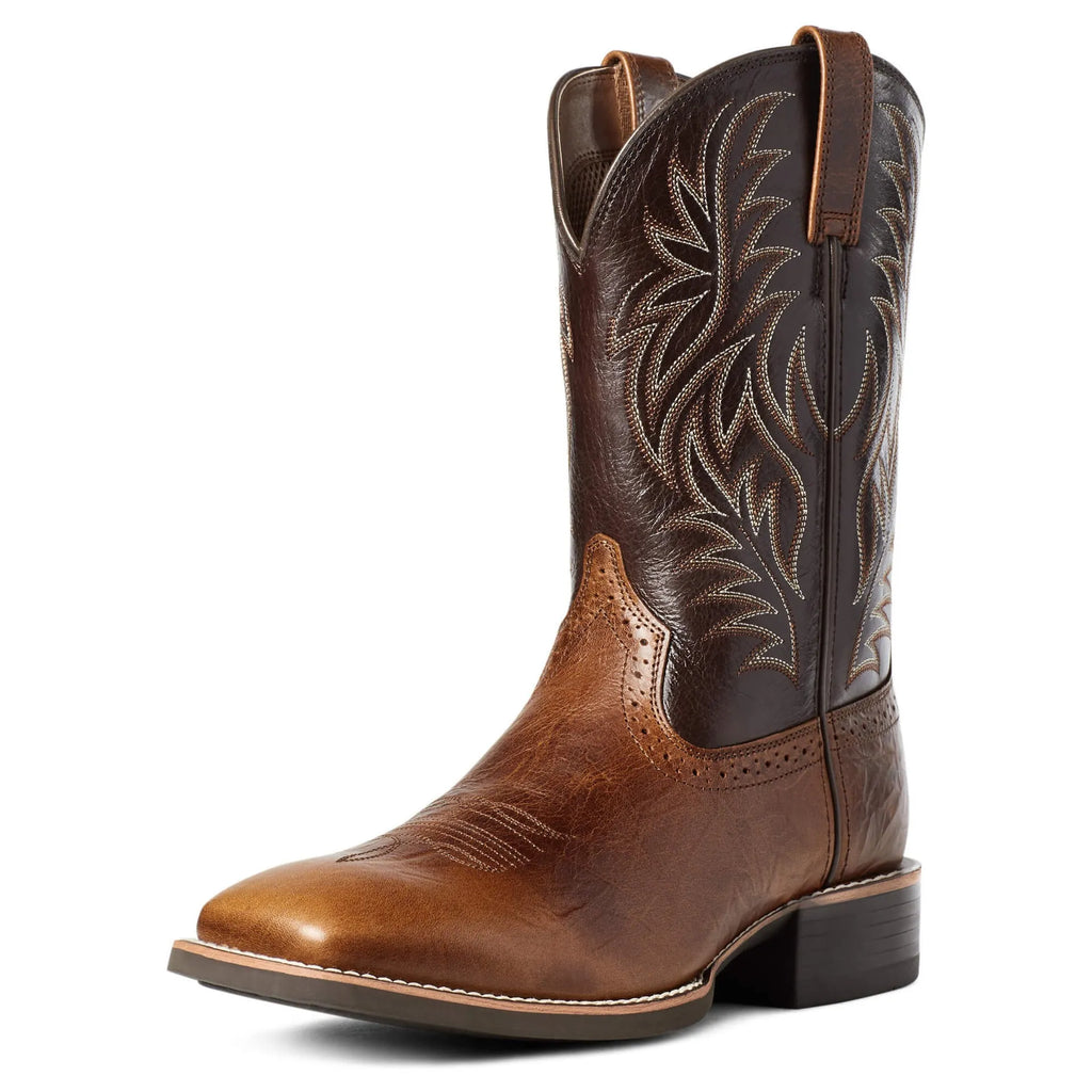Men's black embroidered wide square-toe cowboy boots with a low heel on a neutral background.