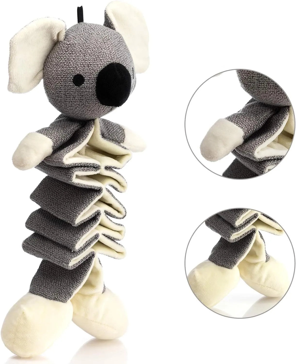 Grey koala dog plush squeaky toy with crinkle paper, measuring 30cm long.