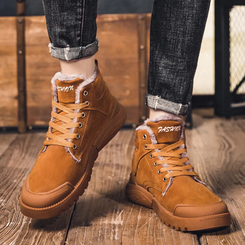 Men's winter ankle boots in matte suede with plush lining, rubber sole, and front tie closure
