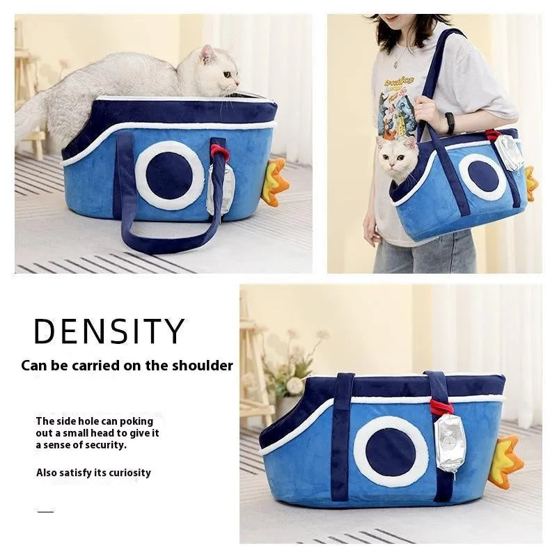 Shoulder cat bag with cartoon vertical stripes in green, red, and yellow colours for small pet transport