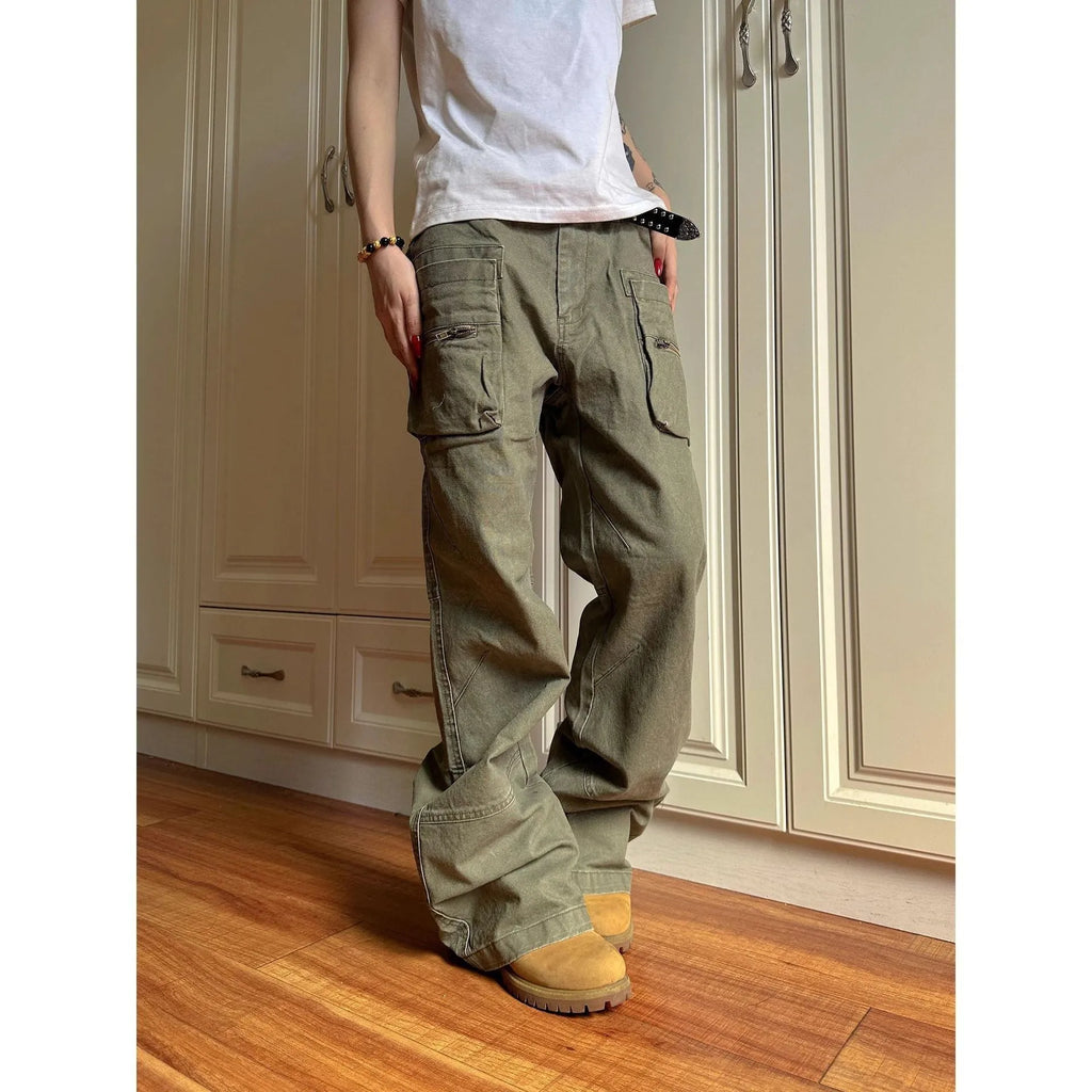 Green and black double zipper cotton casual pants with pockets in mid-waist workwear style