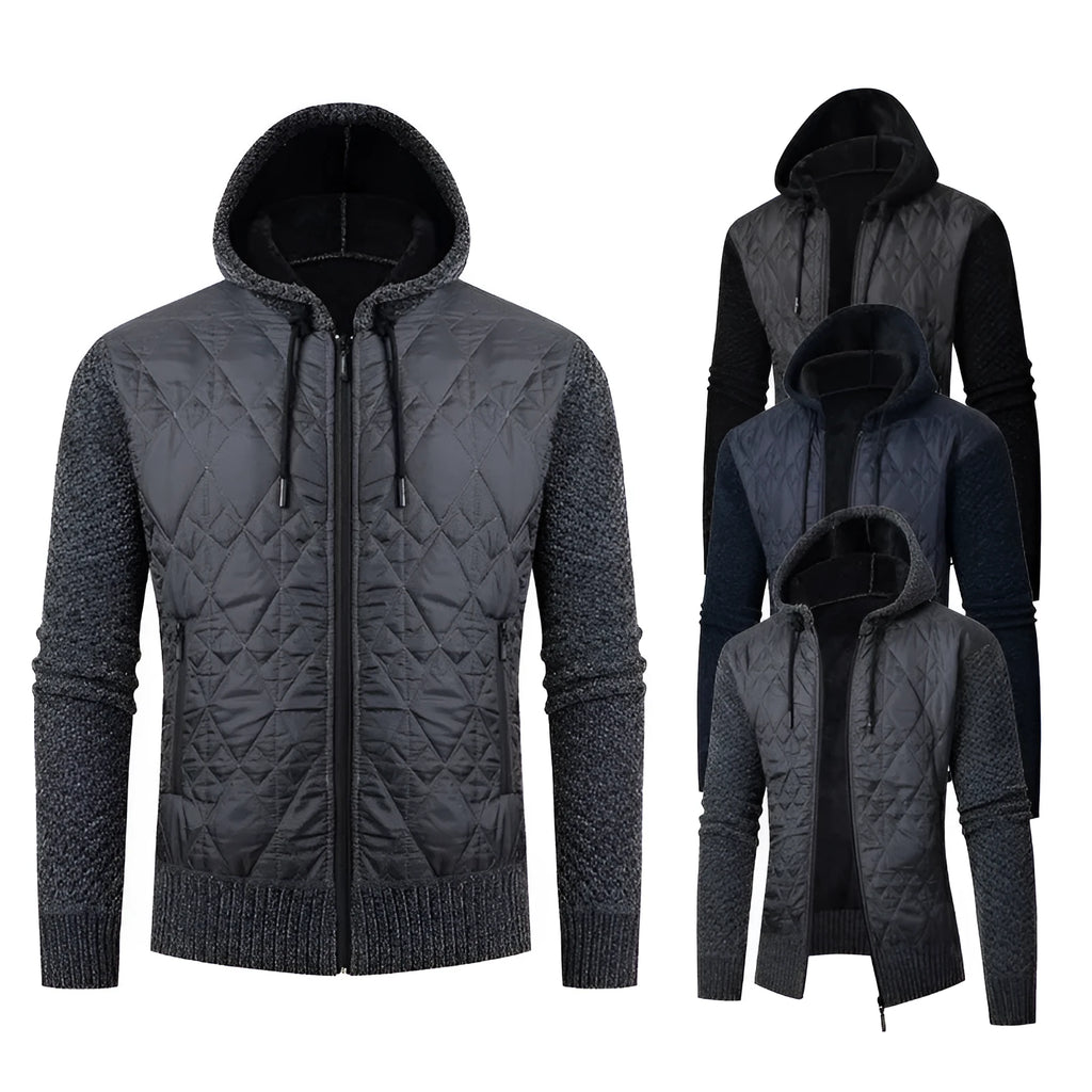 Men's grey hooded sweater coat cardigan with corduroy texture, cinched waist.