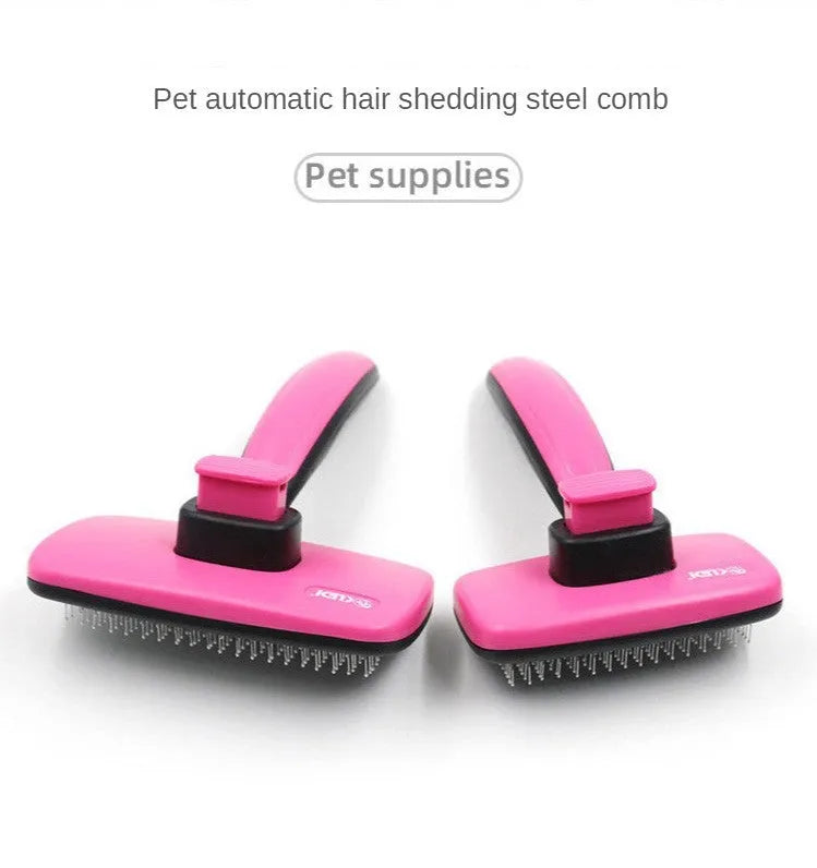 Rose red self-cleaning pet comb with stainless steel teeth and ergonomic handle for removing dog and cat hair