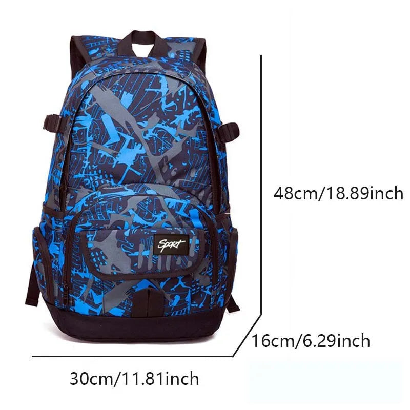 Classic blue nylon backpack with large main compartment shown open.