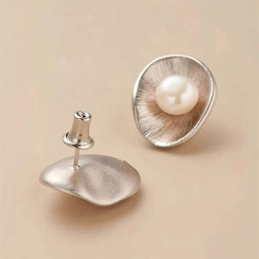 Sterling silver geometric pearl earrings with electroplated gold finish