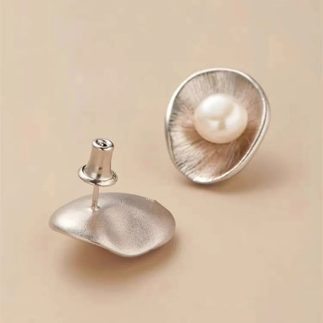 Sterling silver geometric pearl earrings with electroplated gold finish