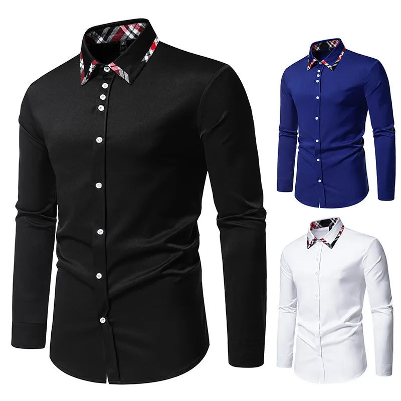 Men's blue plaid long sleeve shirt with a triangle collar on a hanger.