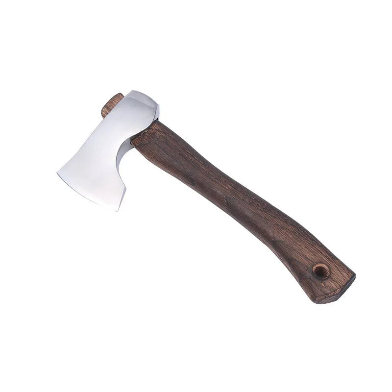 High carbon steel camping axe with wooden handle for outdoor wood chopping