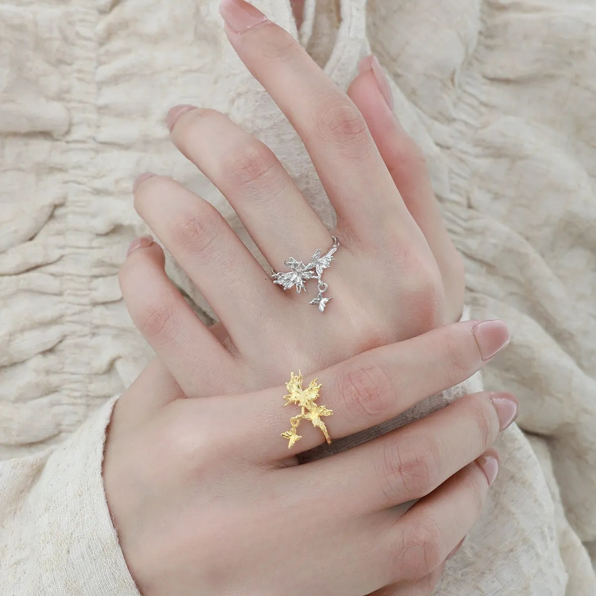 Silver butterfly ring with adjustable opening in electroplated white gold or 18K gold finish