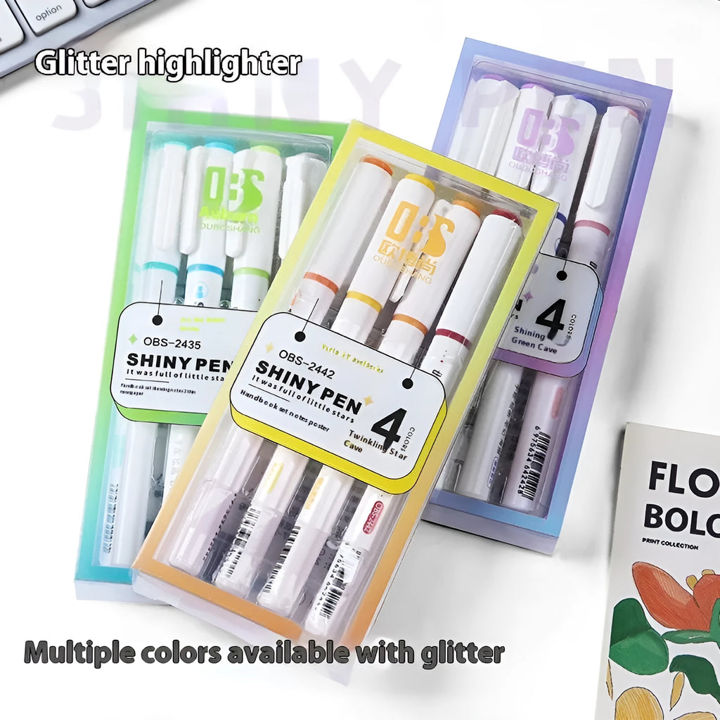 Set of four glitter fluorescent highlighter pens with slanted tips in six colour options including taro puff and mung bean smoothie