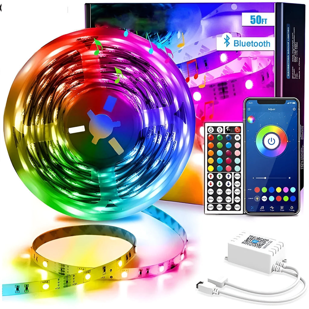 Roll of 5050 RGB LED light strip with 44-key Bluetooth remote controller on a white background.