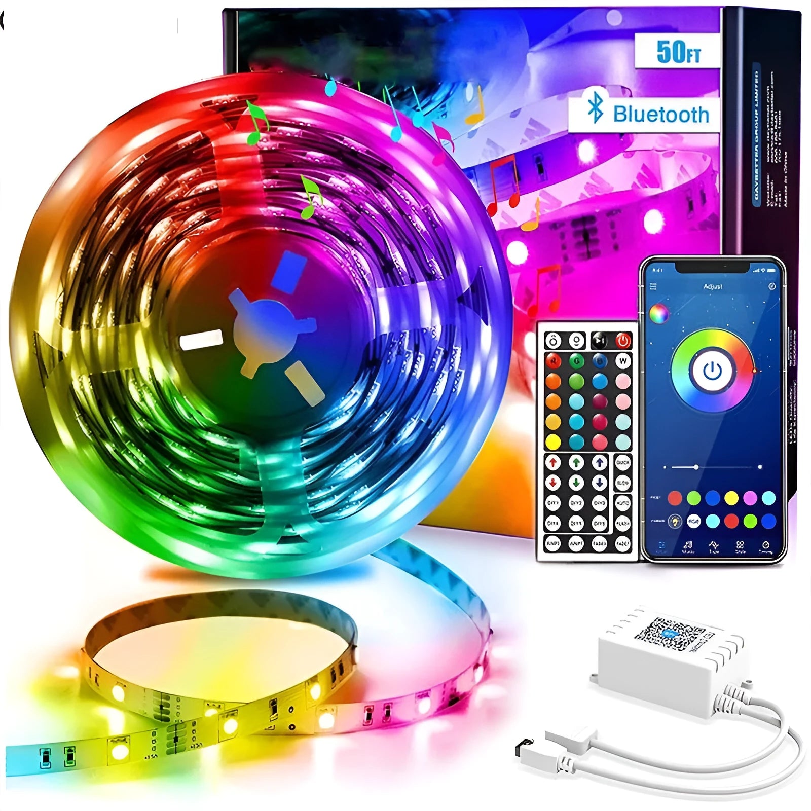 Roll of 5050 RGB LED light strip with 44-key Bluetooth remote controller on a white background.