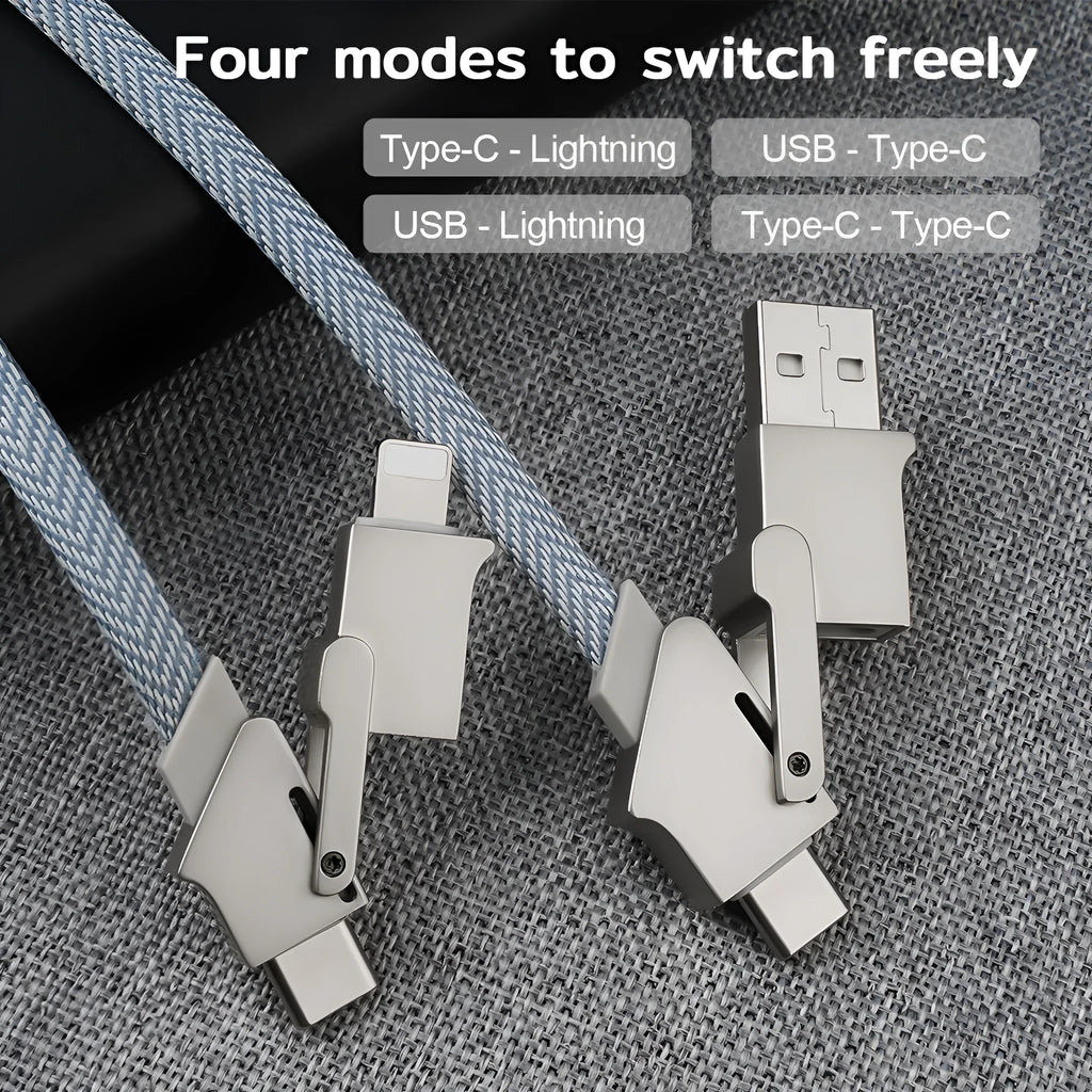 Six-in-one 120W fast charge data cable with zinc alloy connectors in black, showing multiple USB tips