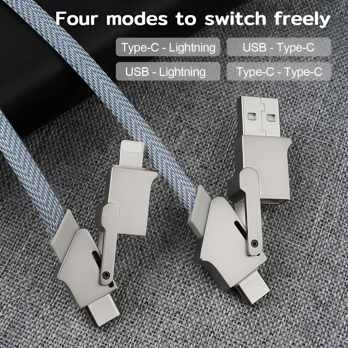 Six-in-one 120W fast charge data cable with zinc alloy connectors in black, showing multiple USB tips