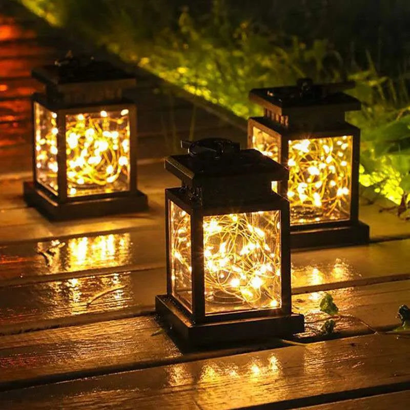 Solar garden hanging light, waterproof outdoor lantern, 125mm x 90mm, 30 beads, rustic style, 6-12 hour runtime.