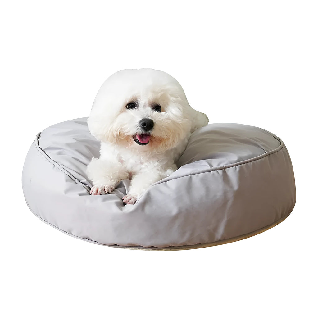 Round plush pet bed for small and medium dogs and cats, 60-80cm diameter, beige or grey, with raised rim.