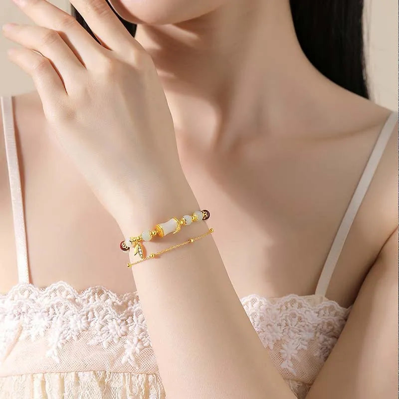 Retro bamboo pattern bracelet with floral glass beads in electroplated finish