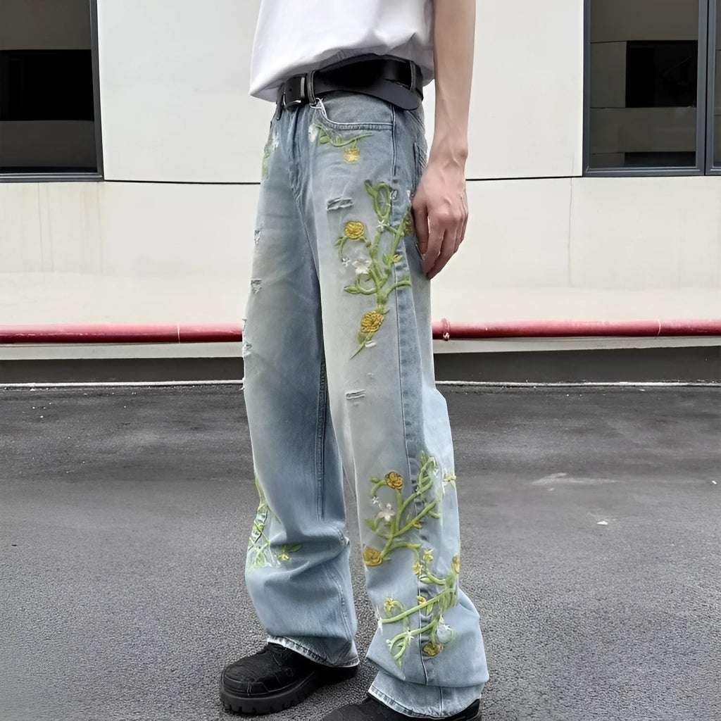 High street casual blue denim wide leg trousers with zip placket and mid-waist fit on model