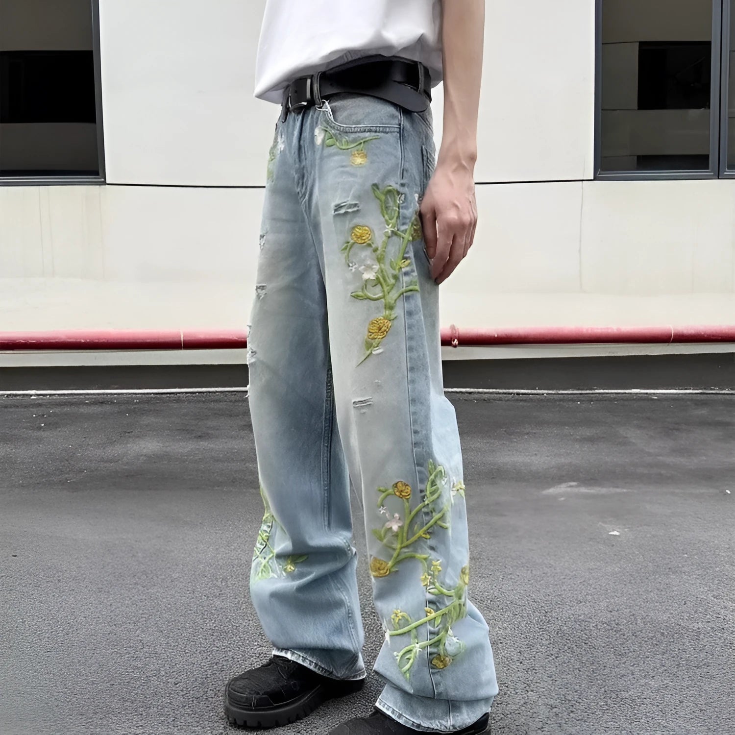 High street casual blue denim wide leg trousers with zip placket and mid-waist fit on model