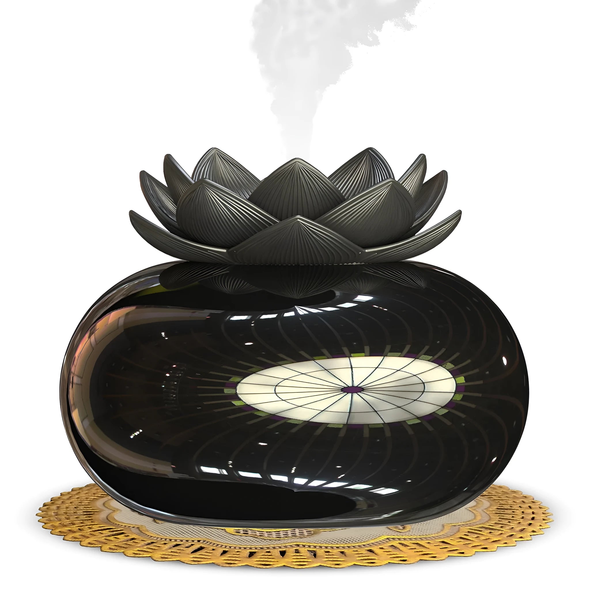 Pure black lotus-shaped USB aromatherapy humidifier with ceramic bowl on a table