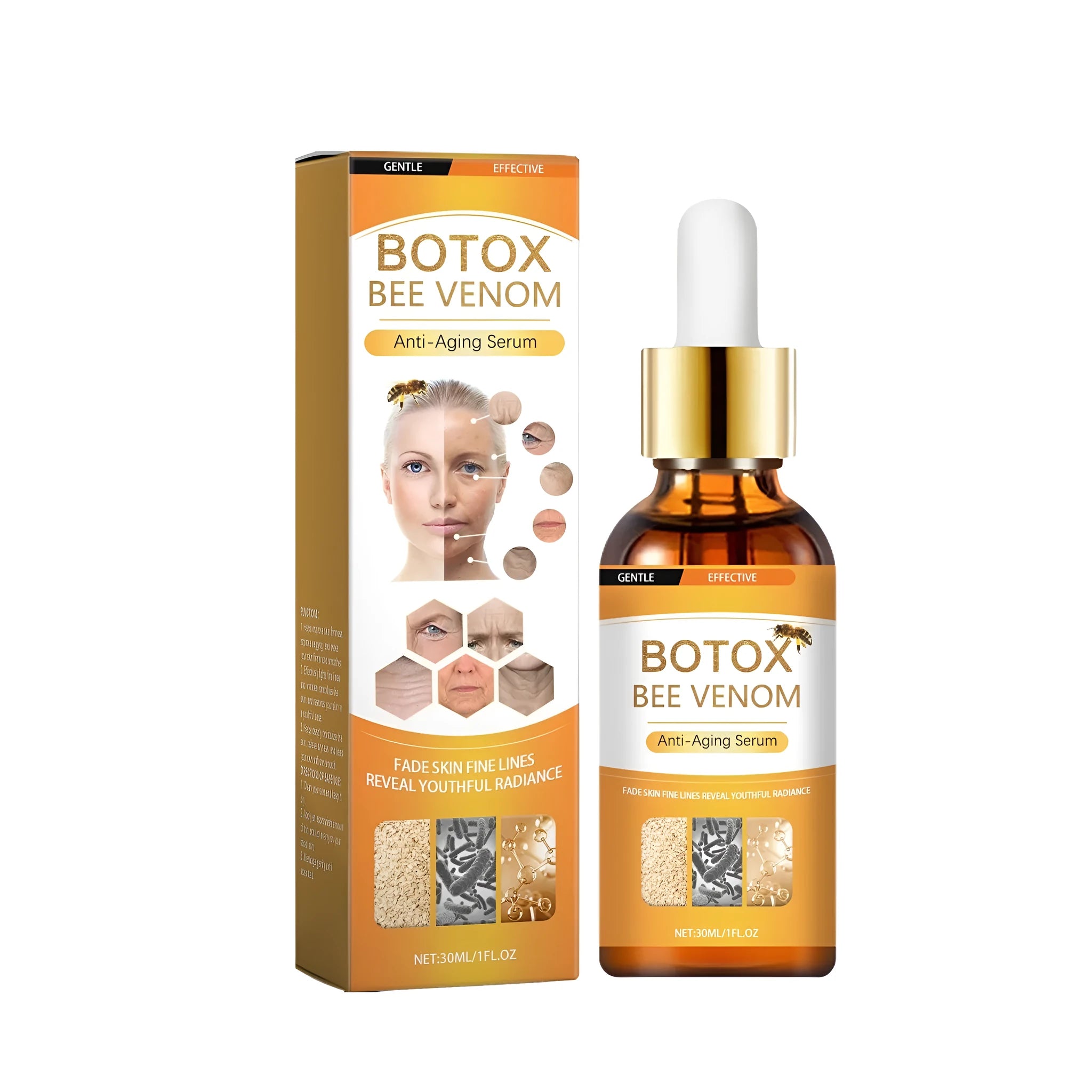 30ml bottle of anti-ageing liquid serum with hyaluronic acid and bee venom botulinum formula