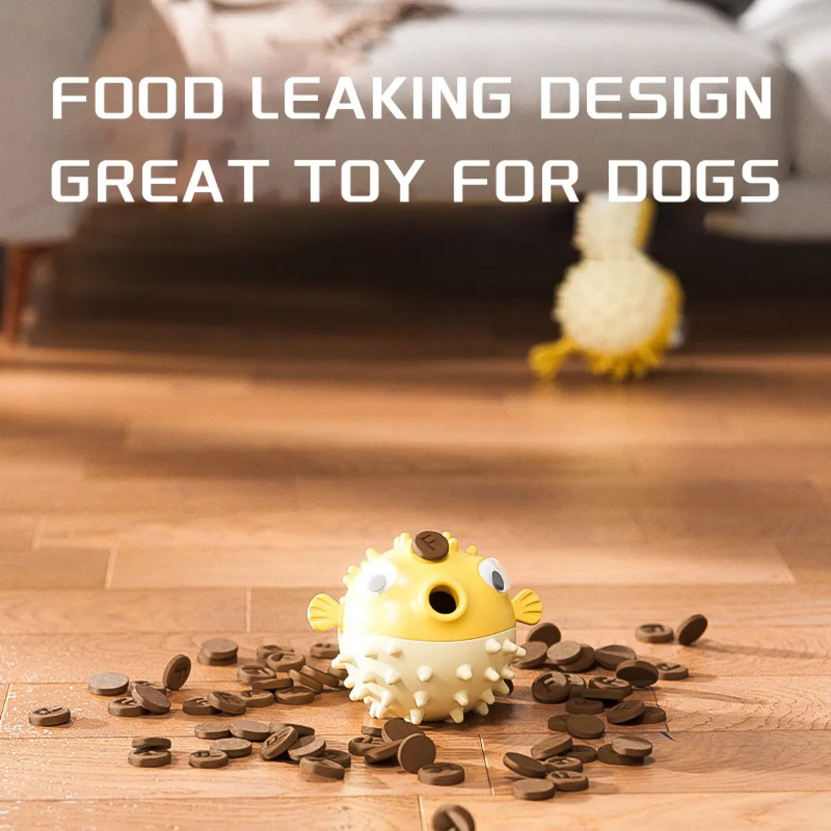 Yellow vinyl fish-shaped dog chew toy with textured surface for teeth cleaning.