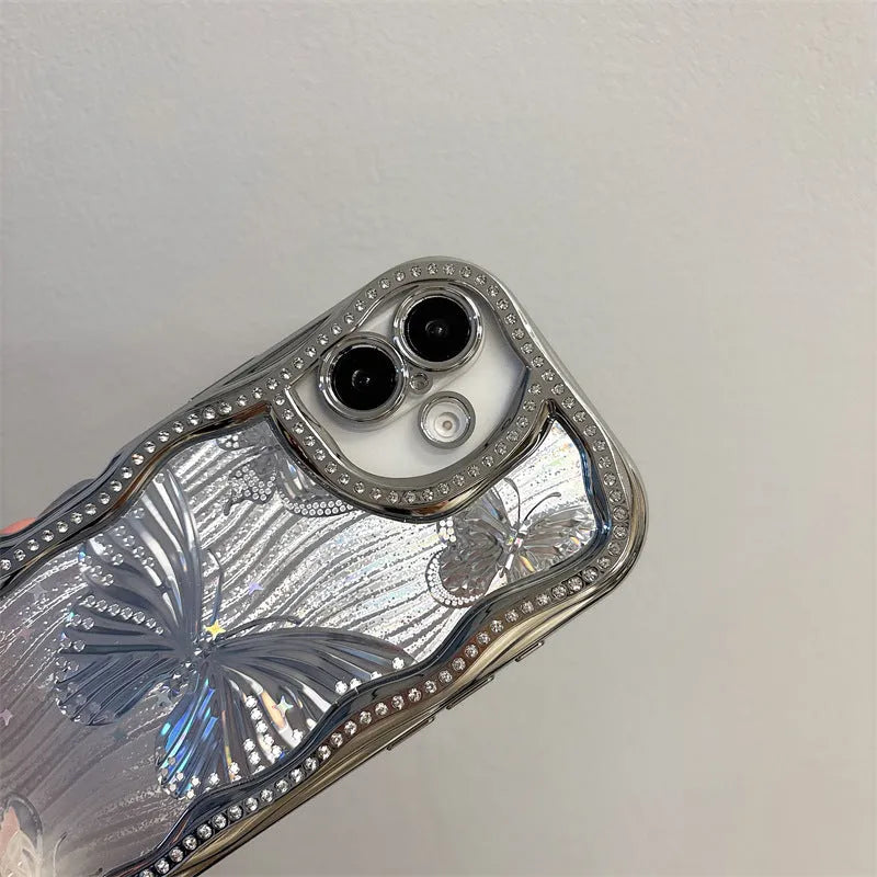 Cream TPU phone case with laser butterfly pattern and diamond edge for Apple iPhone