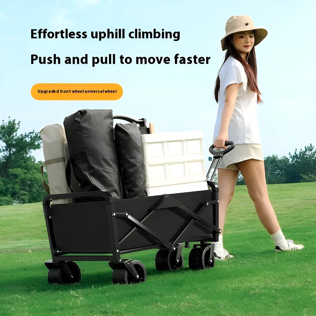 Black outdoor camping trolley with metal frame, 8-inch off-road wheels, and child lying inside, 400kg capacity