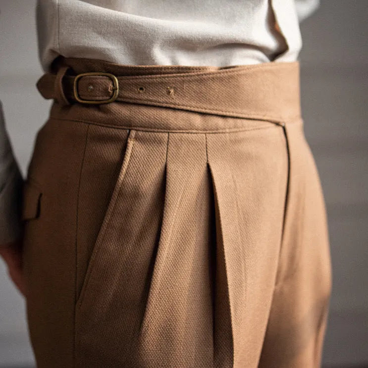 Men's high waist straight leg casual trousers in polyester fabric