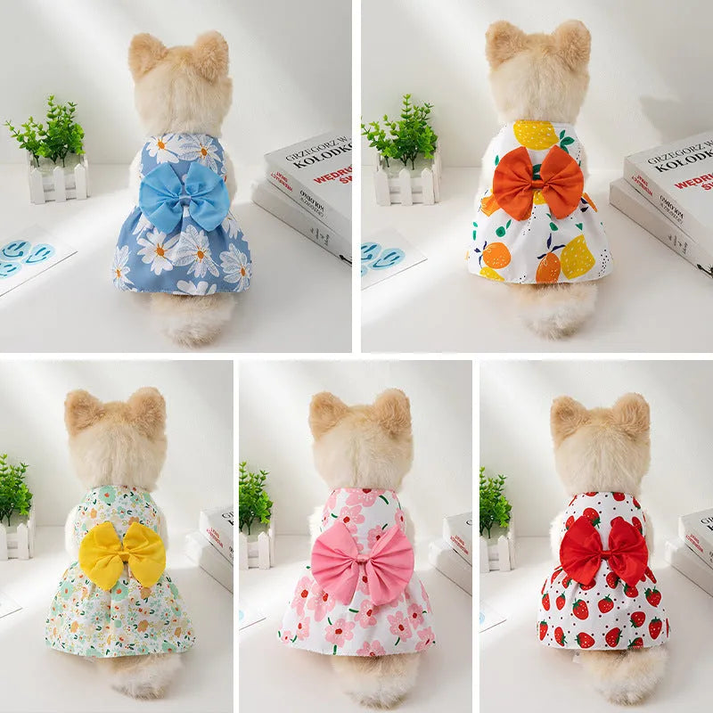 Lightweight pet dress with floral butterfly knot design and colourful bow accent
