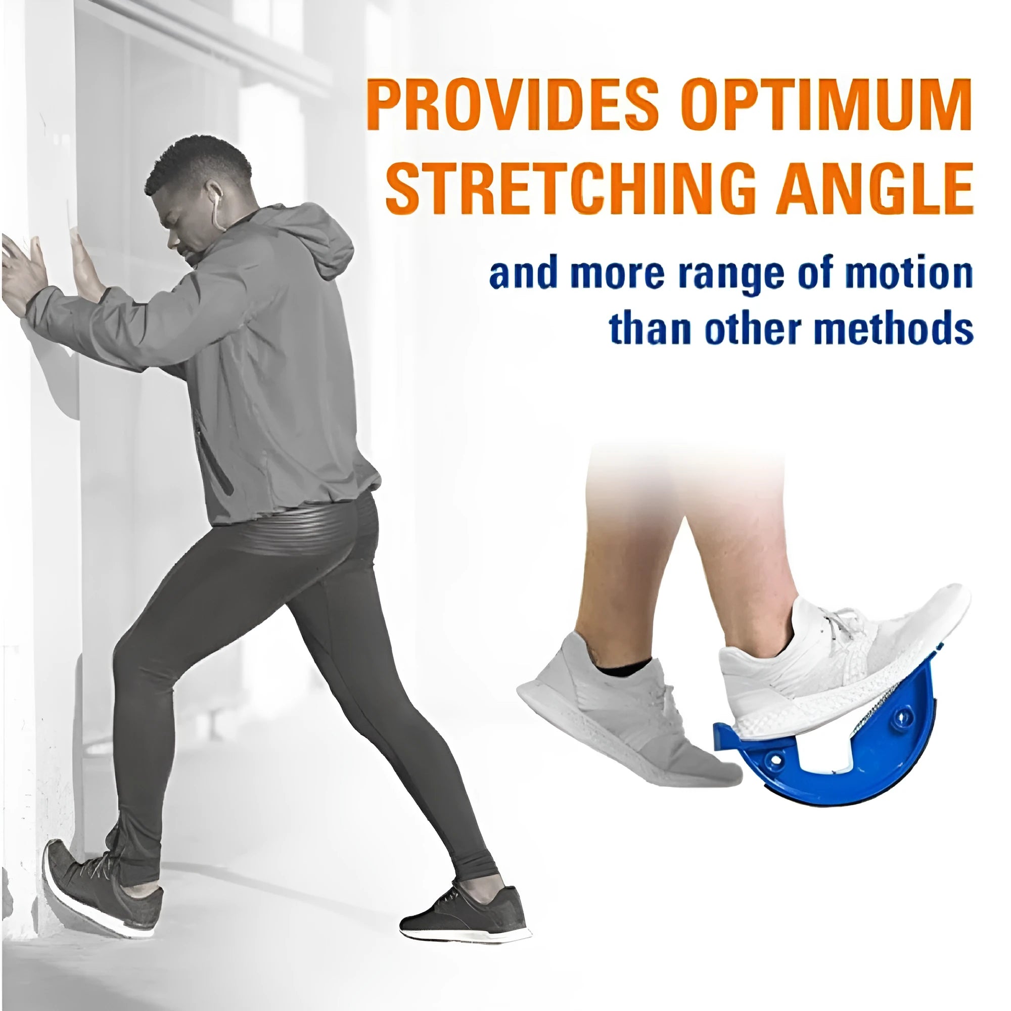 Royal blue lower leg stretcher with a diagonal foot pedal on an ABS plastic base.