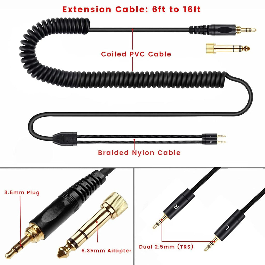Black 1.8m replacement headset cable for HE400i HE560 with double 25mm plugs and spring relief