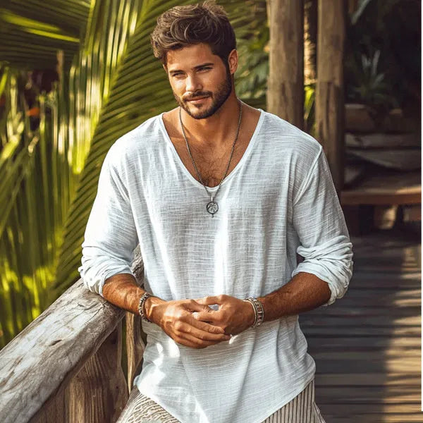 Beige slim fit V-neck long-sleeved T-shirt made from a breathable hemp blend fabric.