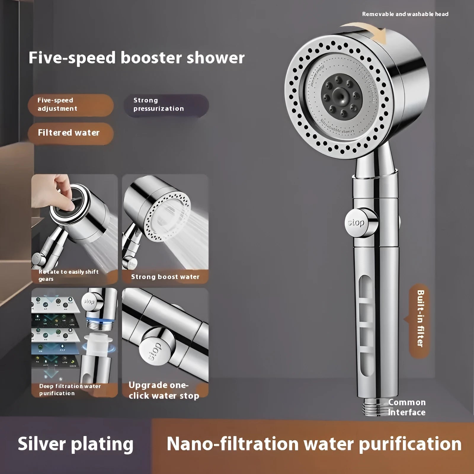 Silver portable shower head with multiple spray functions including massage and rain modes