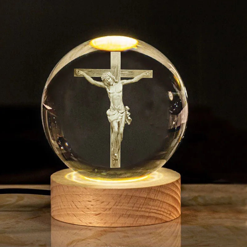 6cm white crystal ball ornament with warm light base showing purity symbols