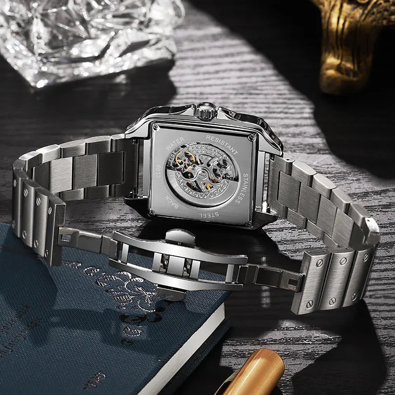 Square case automatic watch for men with diamond-studded bezel on a stainless steel bracelet